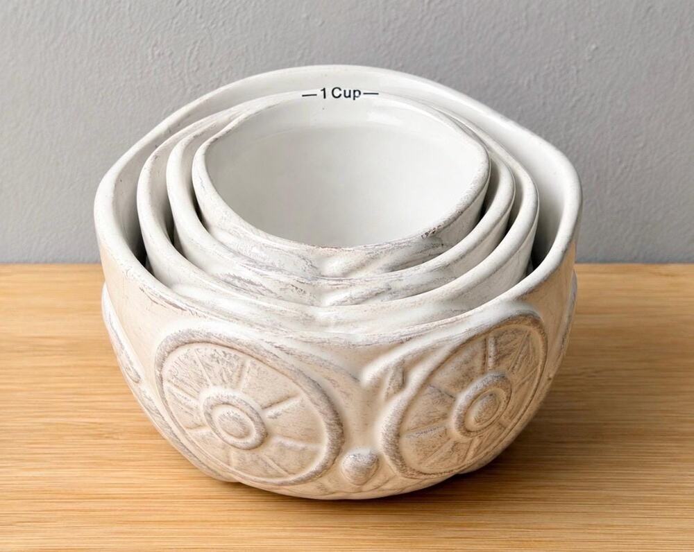 Vintage 1970s Ceramic Owl Nesting Measuring Cups, Set of 4